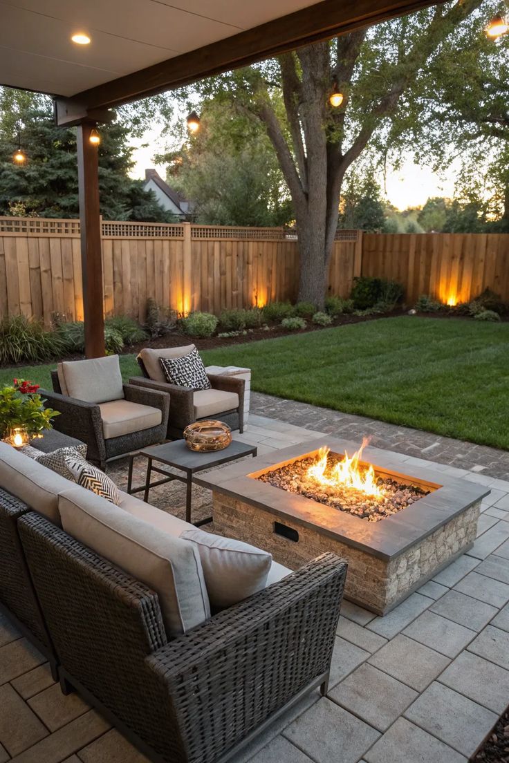 small yard landscaped with patio, fire pit, and lighting along fence line plantings