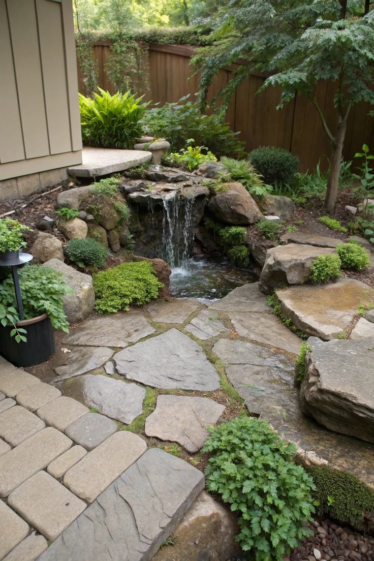 Peaceful backyard natural stone fountain