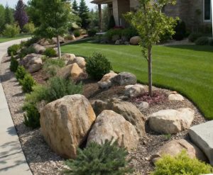 hardscape installation with booulders and mulch