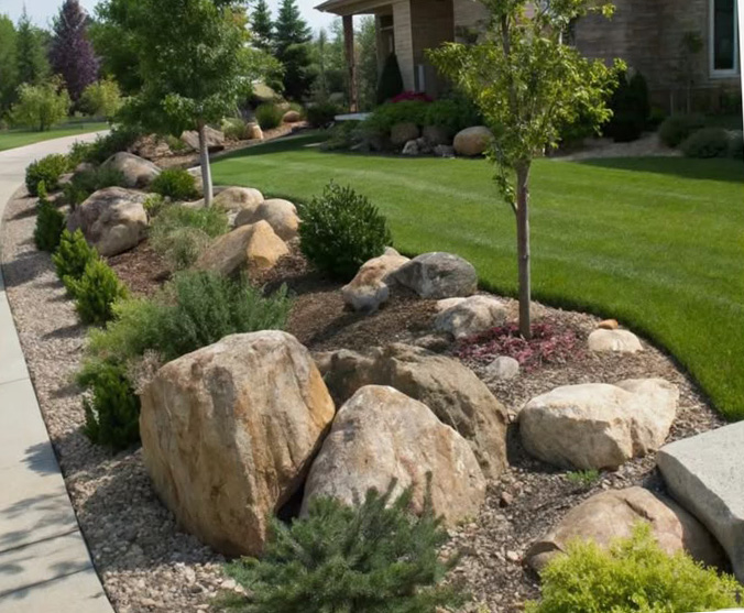 hardscape installation with booulders and mulch